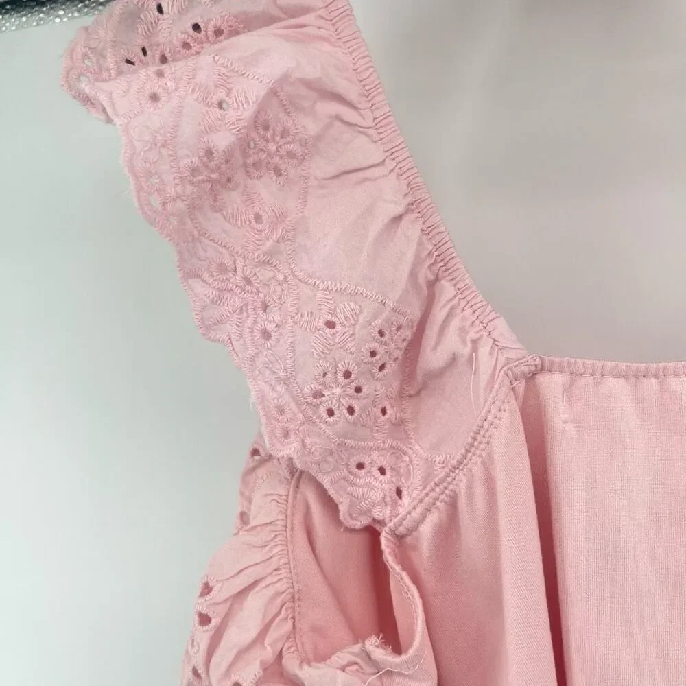 Poof Girl Pink Eyelet Ruffle Trim Sleeveless Cotton Blend Top - Small